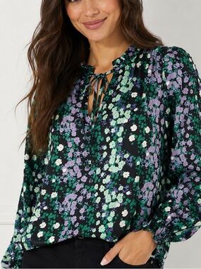 LOFT Floral Tie Neck Blouse Medium Black Green Purple Long Sleeve Top